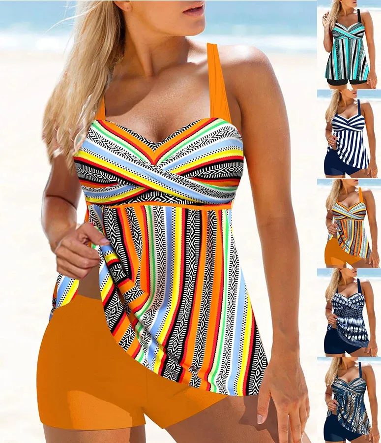 Dames Swimwear Tankini 2-delige regulier zwempak 2-delige oranje patroon geprinte Casual Holiday Beachwear S-6XL 240426