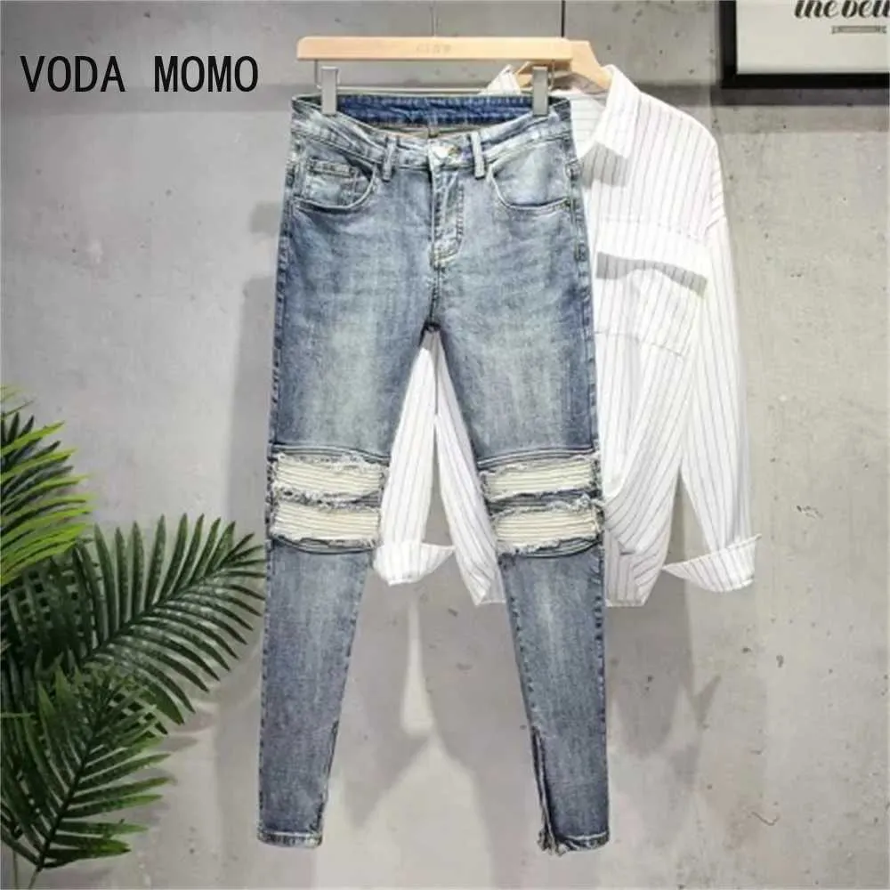 Heren jeans modieuze straatstijl traan strakke heren vintage wassen vaste denim broek casual slanke fit potloodbroek hot verkopen Q240427