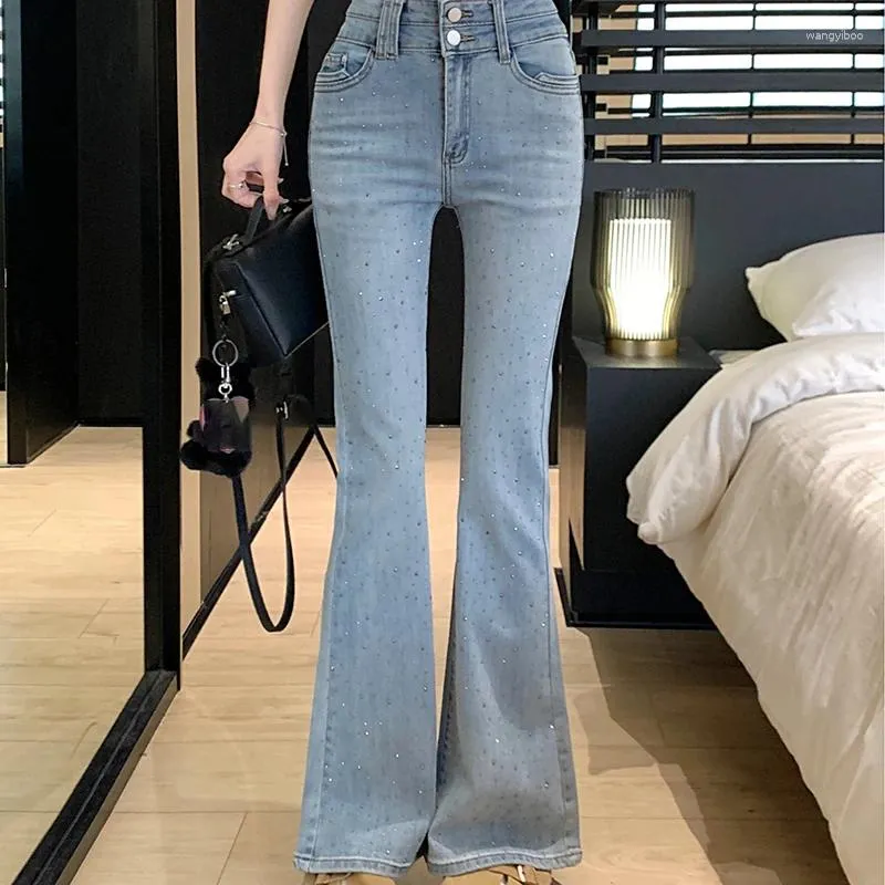 Women's Jeans Vintage Diamond Setting Blue Flare For Women Spring Summer High Waist Slim Denim Pants Leisure All-matched Female Trousers