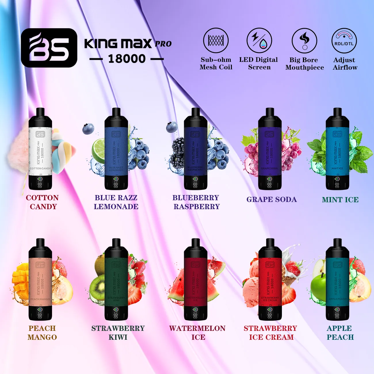 BS King Max Pro 18000 Puffs Disposable Vape Mesh Coil Shisha Style détachable E Cigarette Airmable Airflow Pod Device Puff 18K LED VS Al Fakher Crown Bar Big Cloud