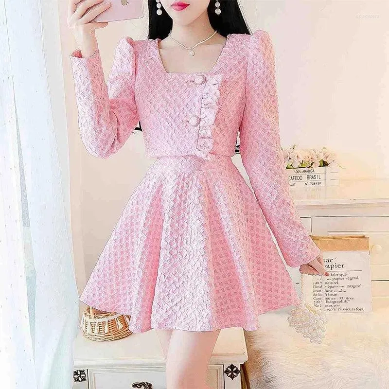 Work Dresses Winter Women's Fashion Suits Female Square Collar Long Sleeve Short Coat High Waist Skirt Two-Piece Sets