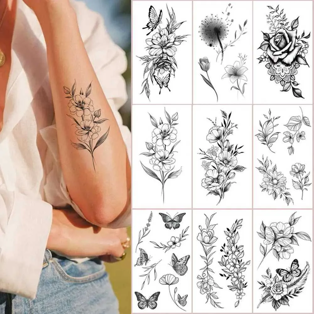 Transfert de tatouage Sexy Flower Corps Art tatouage Autocollant imperméable Femmes ARRM MAGES Autocollants temporaires Létranges Black Rose Cool Female Tatouos 240427