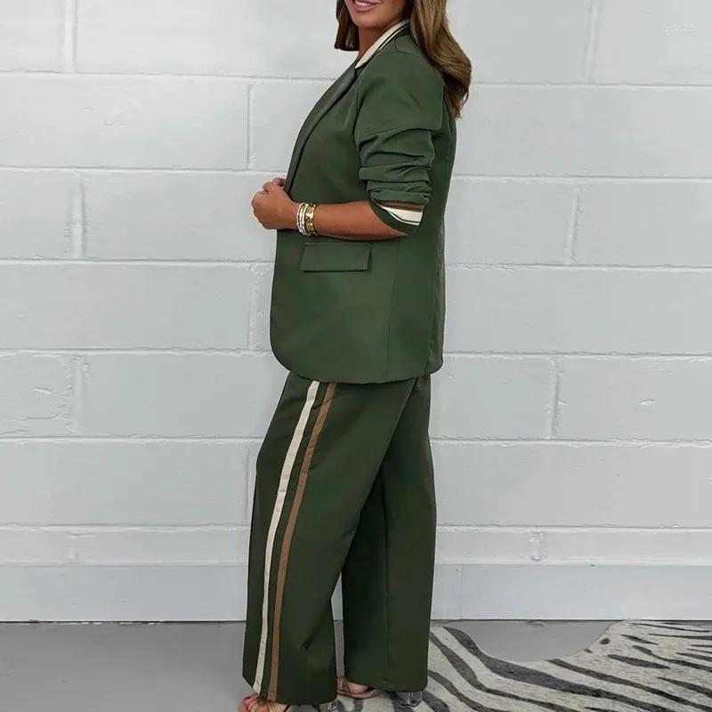 Women's Striped Print Office Suit - Elegant Two-Piece Blazer Jacket & Pants Set for Autumn/Winter