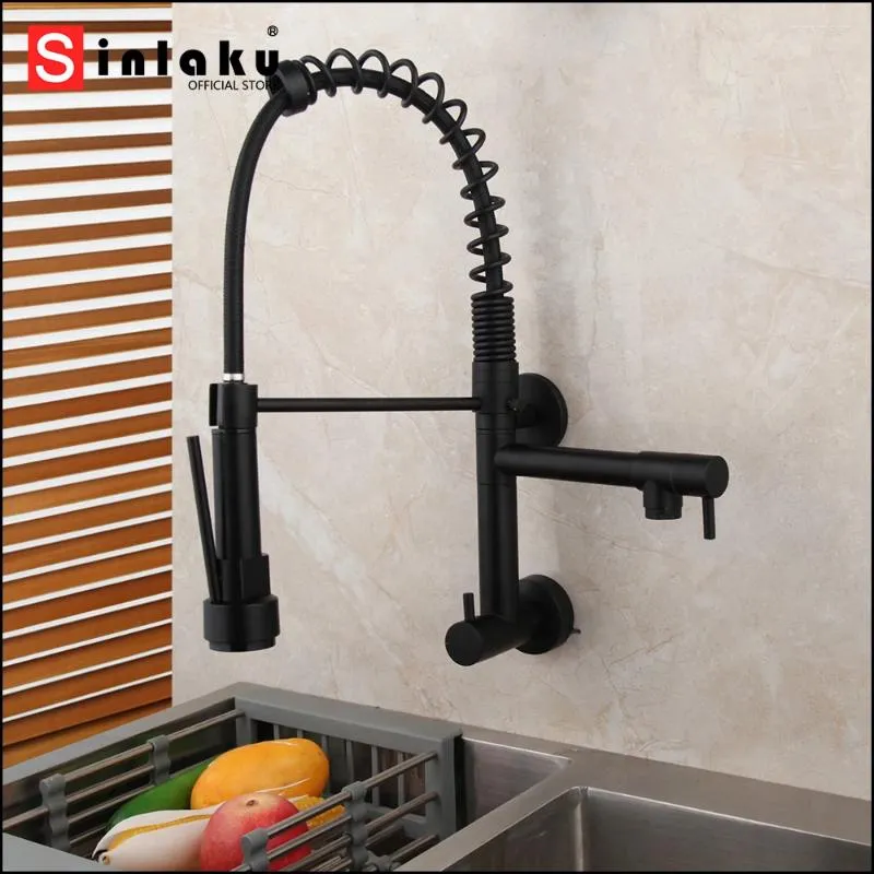 Keukenkranen sinlaku gootsteen kraan muur gemonteerd mat zwart dual spout regenval uittrekken met 360 ° zwenkstroom alleen koudwatermixer