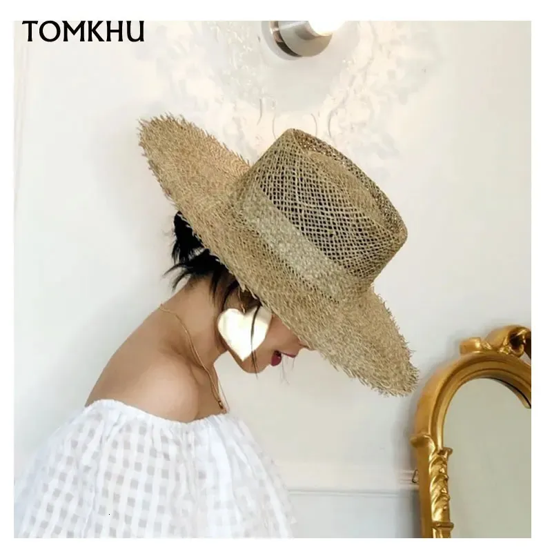 Women Fray Woven Seagrass Boater Hat Casual Sun Beach Caps Wide Brim Summer Unisex Straw Hats for Kentucky Derby Travel 240423