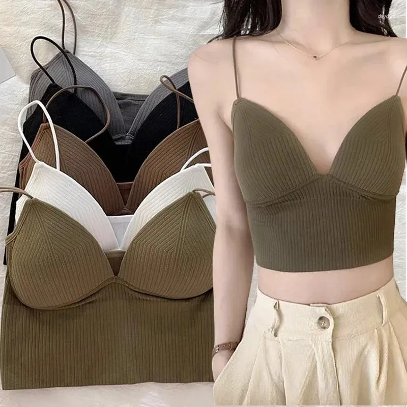 Women's Tanks 2024 Knitted Binder Chest Woman Tops Spaghetti Strap Corset Crop Camis With Built In Bras Korean Fashion Vest Camisole