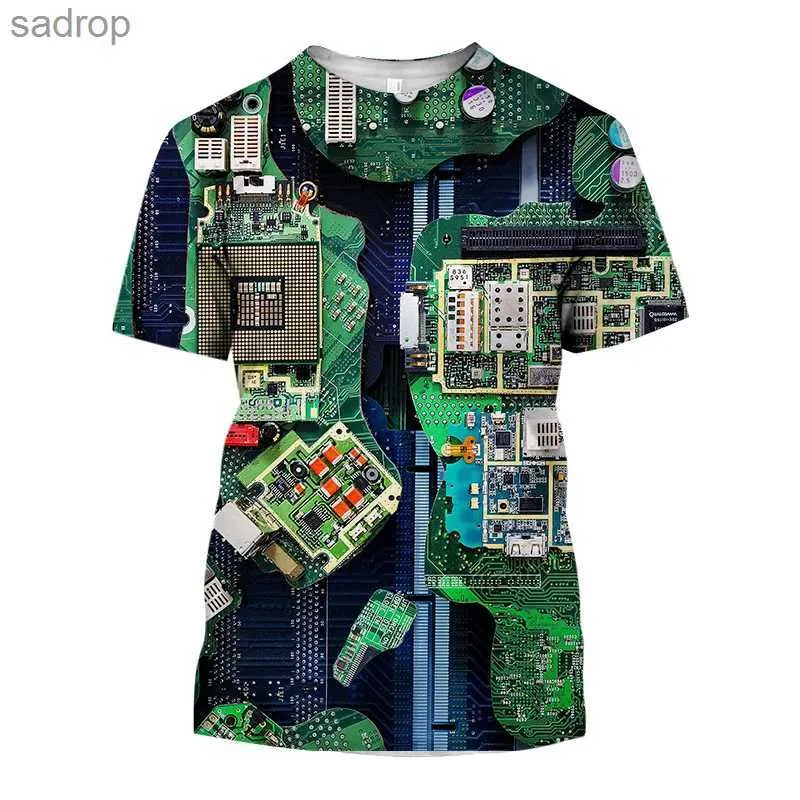 T-shirts voor heren Elektronisch chip 3D-geprint t-shirt met cool printplaat patroon Herenhiphop Street Fashion Casual Crewneck korte mouwen topxw