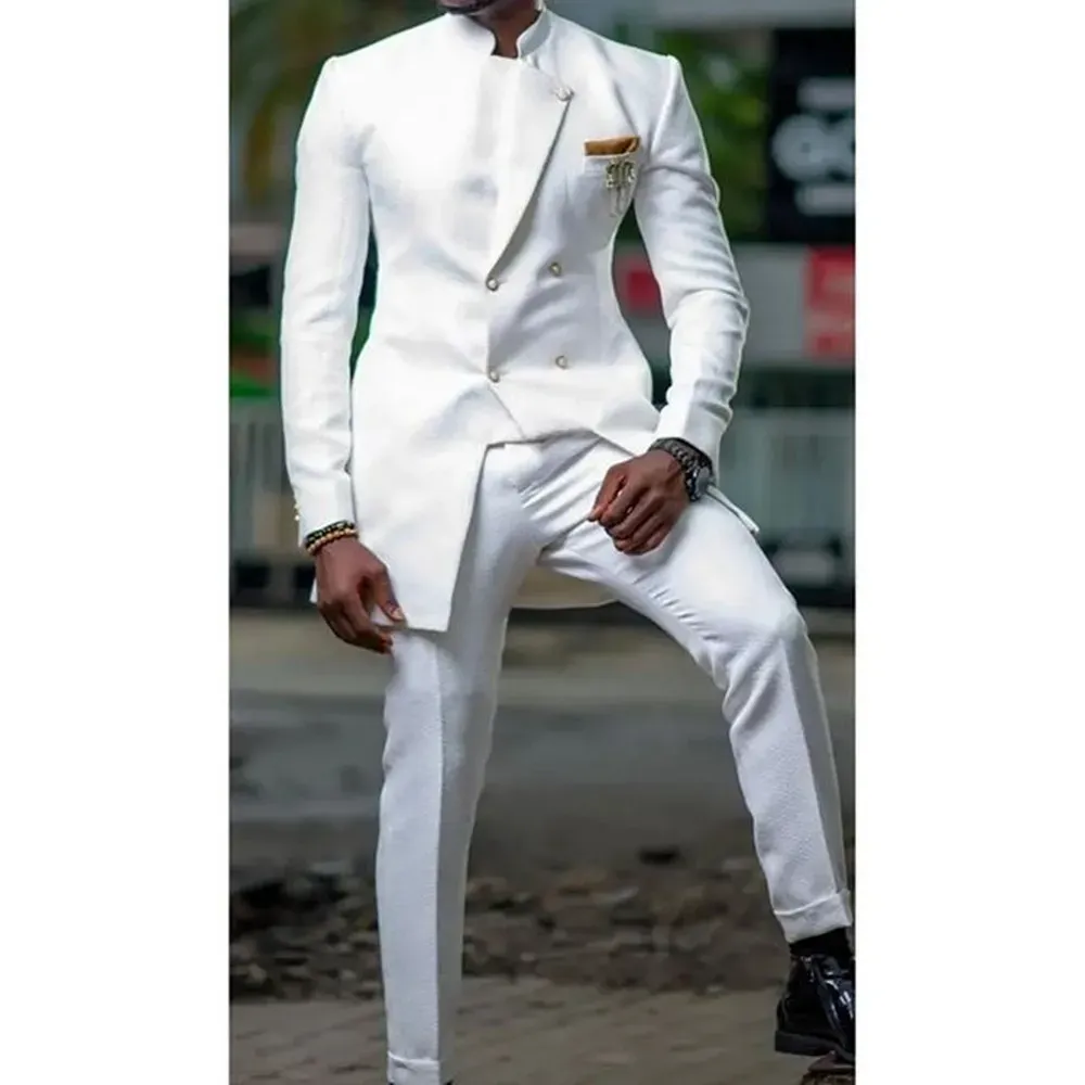 Garnitury afrykańskie męskie garnitury ślubne modne białe zestawy blezerów dla oblubieńca dwa elementy (kurtka+spodnie) conjuntos de chaqueta