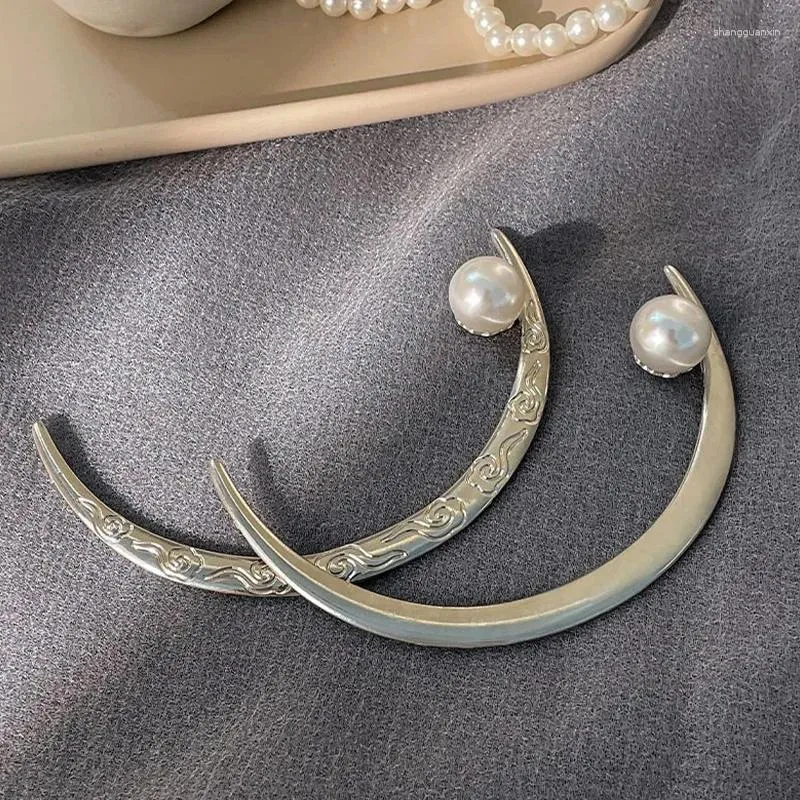 Hair Clips 1pc Curved Sine Moon Chinese Style Hairpins Retro Half Faux Pearl Chignon Sticks Up-do Accessories Jewelry