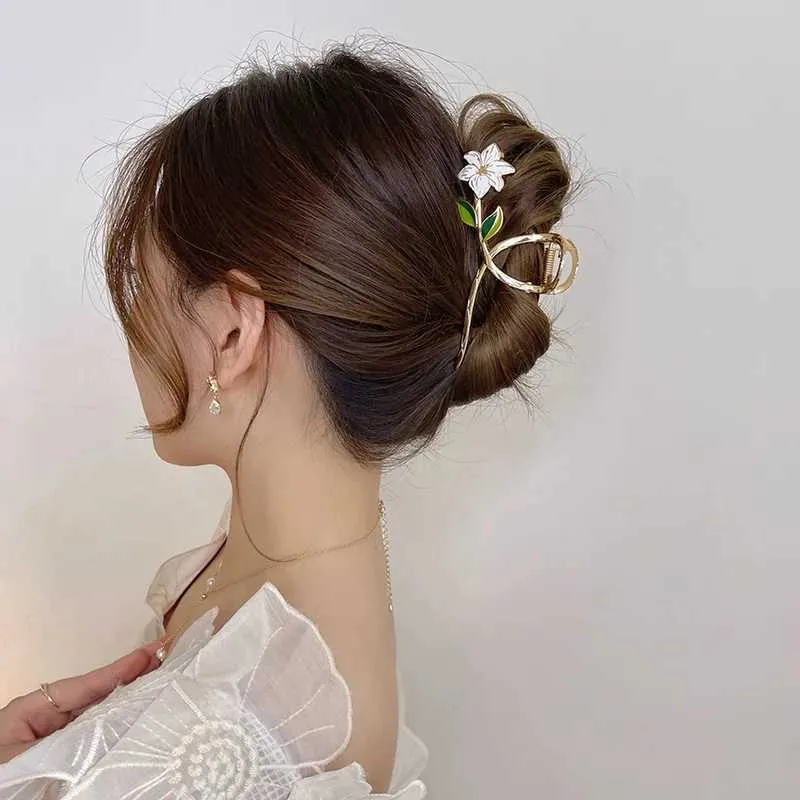 lrcmヘアクリップバレット新しい女性メタルヘアクローエレガントゴールドフラワーズヘアクリップバレットクラブヘッドバンドポニーテールクリップヘッドウェアアクセサリーティアラ240426