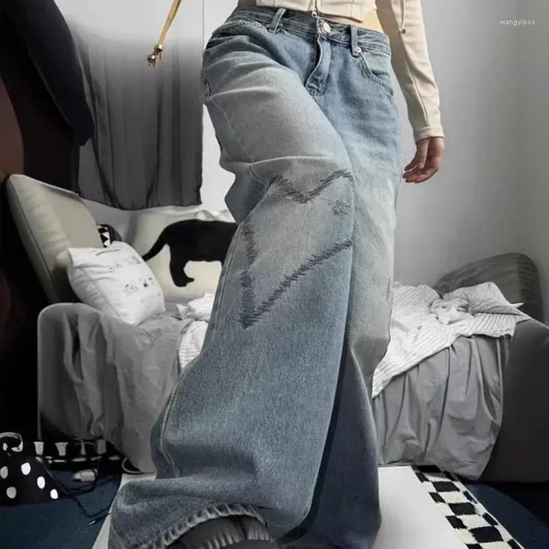 Jeans pour femmes American Retro 2024 Printemps Summer Femmes portées Love Love Lovery Loose Fashion Fashion High Street Floor Floor
