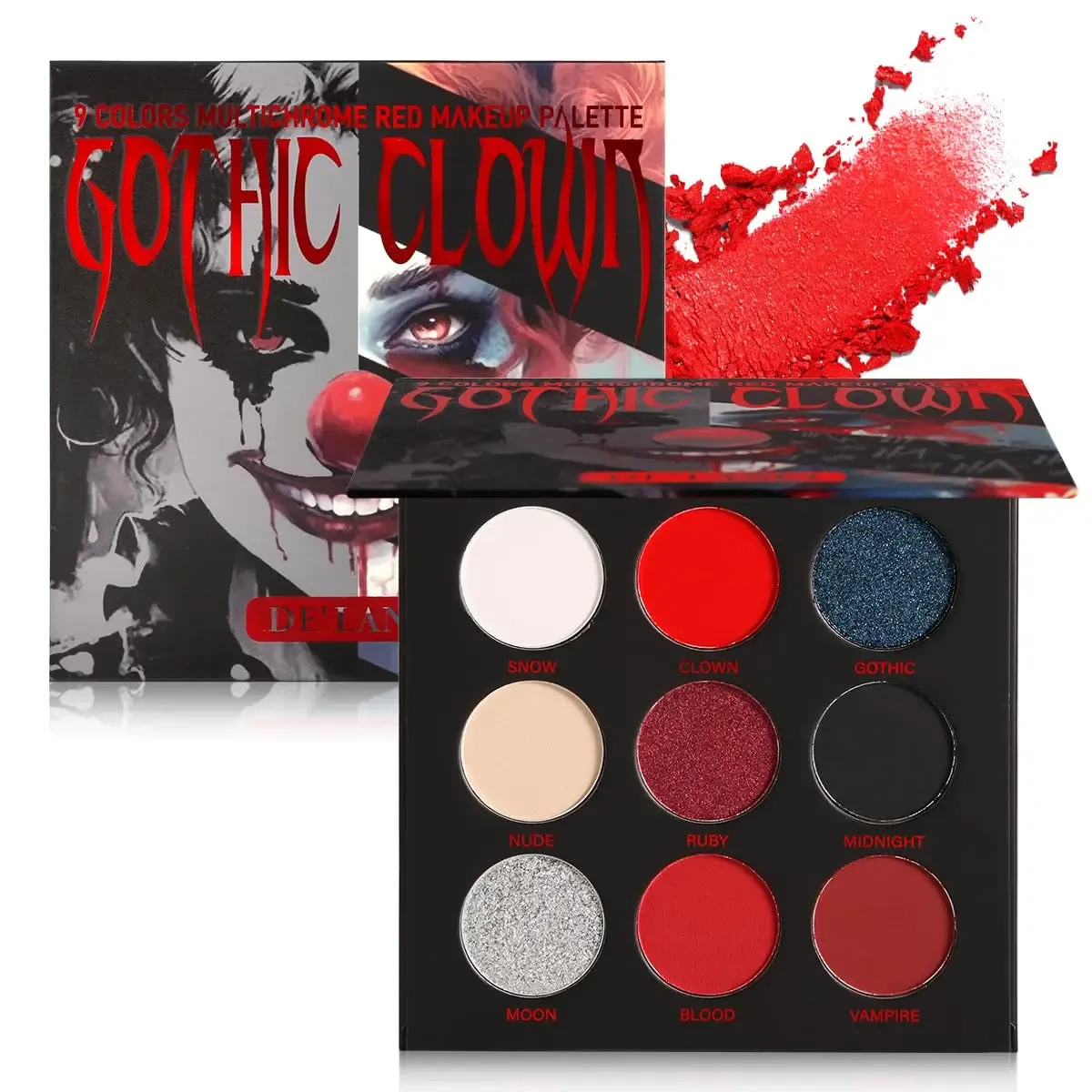 Shadow Red Black Eyeshadow Palet Goth Clown Halloween Make -up, Wit Silver Glitter