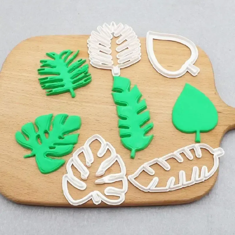 Moulds 4pcs Leaf Biscuit Mold 3D Cookie Plunger Cutter Pastry Decorating DIY Food Fondant Baking Mould Tool Tropical Leaves Embossing