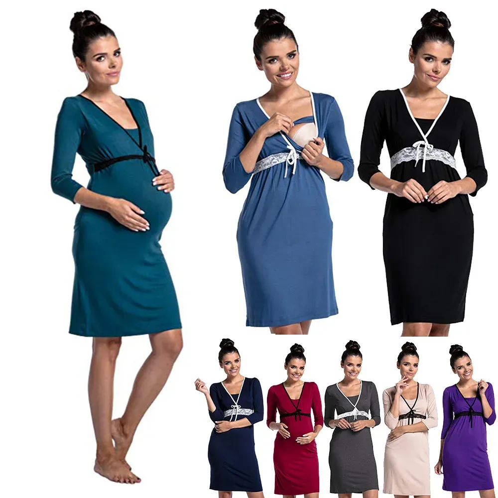 Förbättrare moderskapssköterska babyklänningar sexig spets blommig 3/4 ärmmamningskvinnor gravida rum nattkläder för graviditetskläder