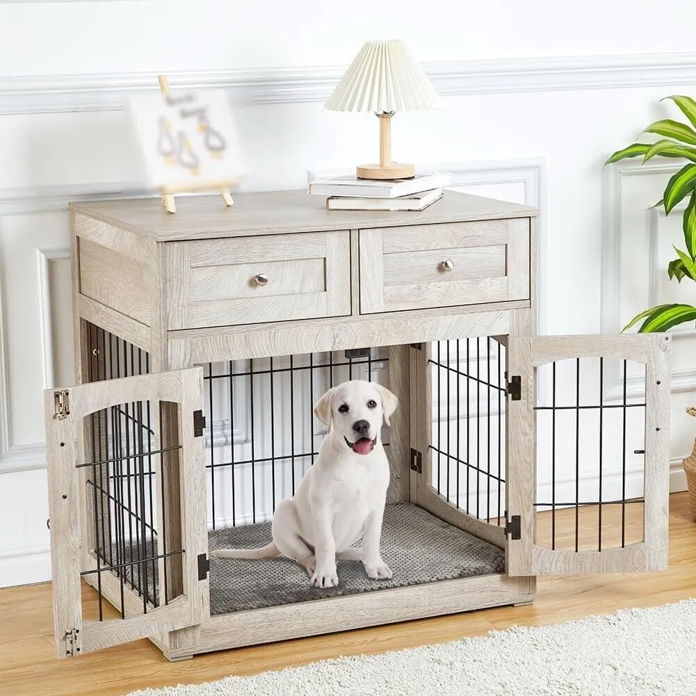 Save Big on Bulk Dog Crate Furniture With Drawers Dog Crate Furniture  Table: Grey Wooden Dog Kennel With Two Storage Drawers And Comfortable  Removable