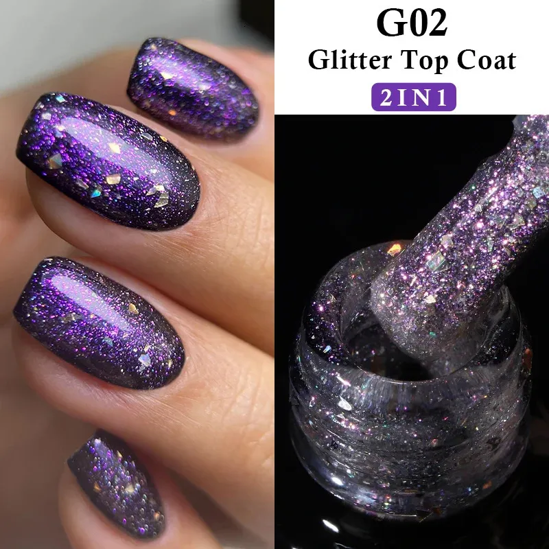 Mshare Purple Glitter Top Coat Gel Poolse Sparkling Chameleon Flakes Nagels Glanzende pailletten afwezigheid UV LED Art 10ml 30 ml 240425
