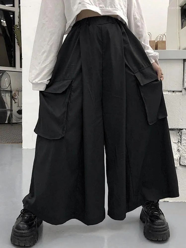 Pantaloni da donna harajuku culottes neri gamba larga stile giapponese pantaloni da carico oversize