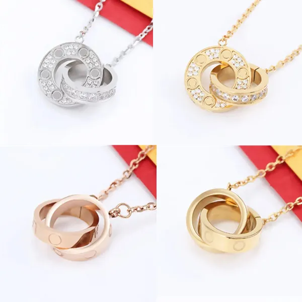 Hot Sale Designer Luxe kettingontwerpers Sieraden Goud Zilver Dubbele Ring Moederdag Gift Cjeweler Mens Vrouw Diamant Love Hanger Kettingen hebben ketting