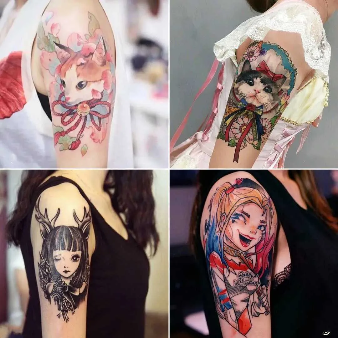 Tattoo -overdracht 46 Stijlen Anime Cute Cat Girl Tijdelijke tatoeages Retro cartoonoverdracht ARM Hand Art Art Waterdichte nep Tattoo Sticker 240426