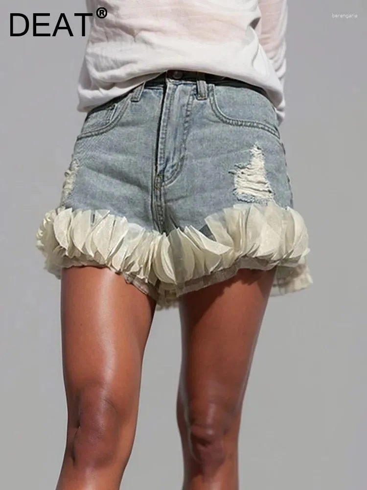 Pantalones cortos para mujeres Denim alta cintura con pétalo empalmado agujeros rotos Diseño de piernas anchas pantalones cortos 2024 Fashion de verano 29L7157