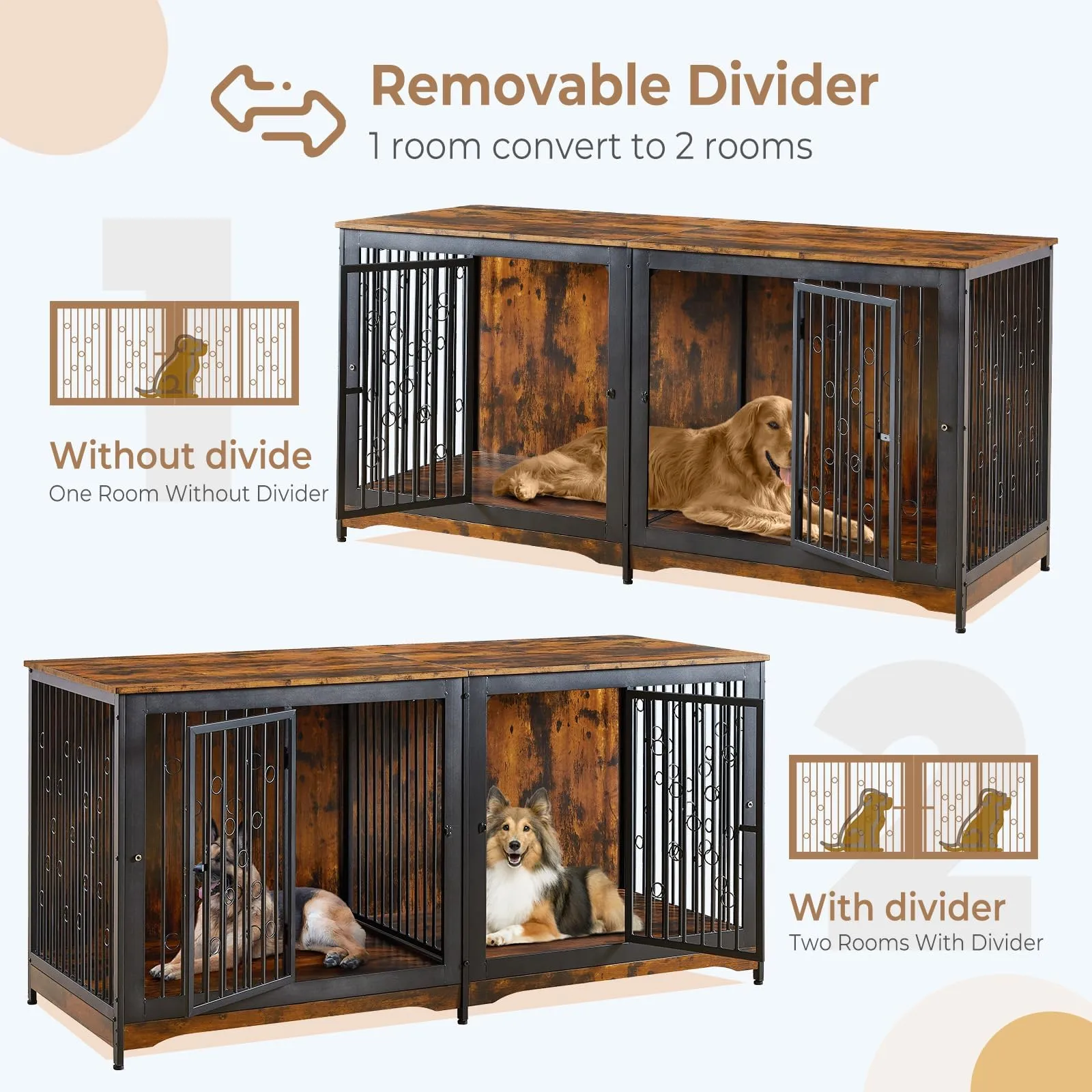 Lyromix 71 XXL Dog Crate Furniture For 2 Dogs Wooden Double Dog