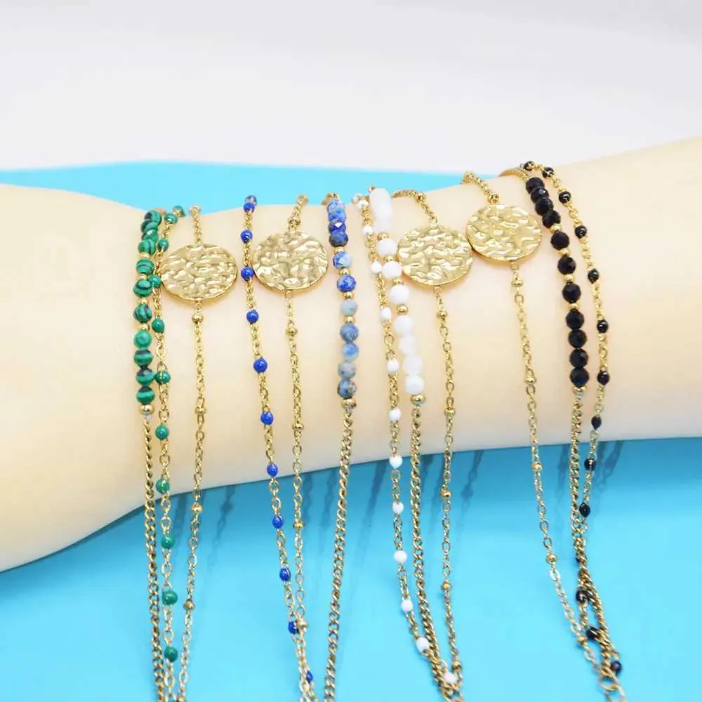 Beaded New Bohemian Gold-Plated Stainless Steel Layered Armband Lämpliga för kvinnor Oljedroppar Naturliga stenpärlor Armband Kvinnor smycken gåvor