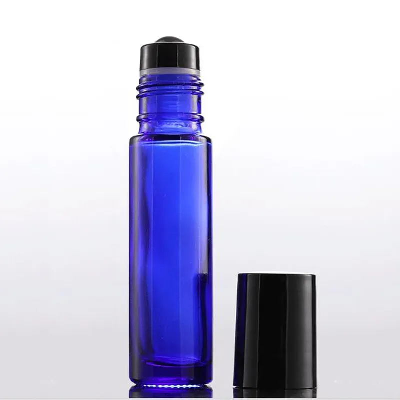 Wholesale Thick 10ml Glass Roll on Bottles Amber Blue Clear Empty roller ball perfume bottles With Black Lids 