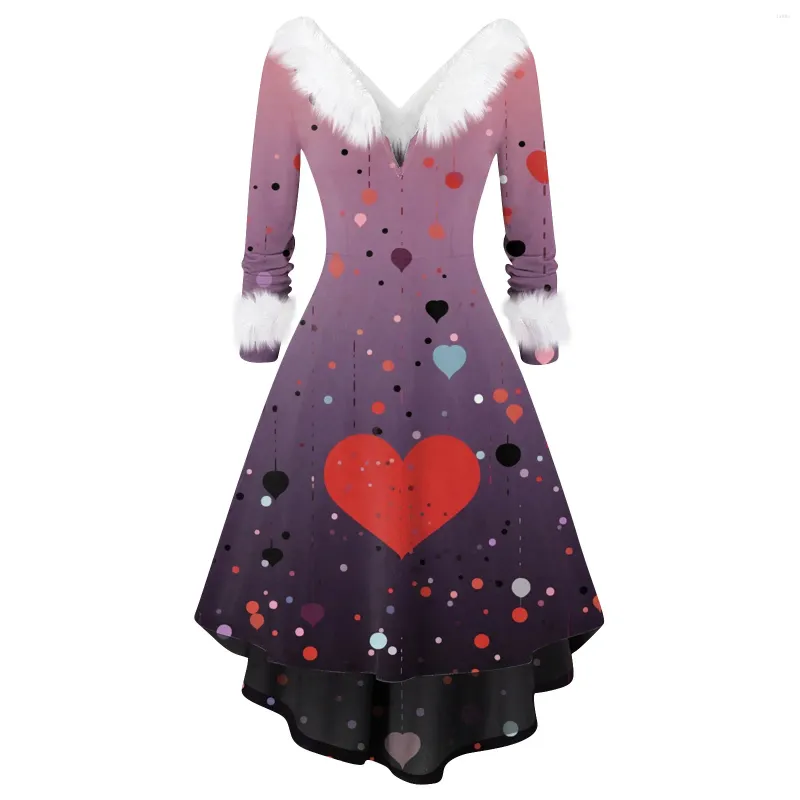 Casual Dresses Women's Fashion V-ringning Slim Valentine's Day Printed Hairy Party Long Sleeve Vestidos Para Mujer Elegantes Y Bonit