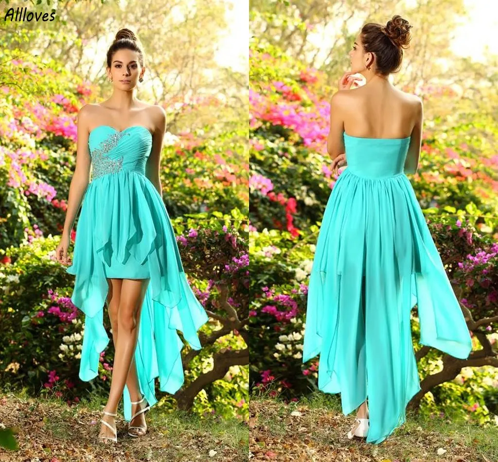 Hunter Blue Chiffon Short Bridesmaid Dresses Maid Hedra en linje Sexig älskling paljetter pärlstav plockar formella klänningar hi-lo backless kvinnor bröllop gästklänning cl3534