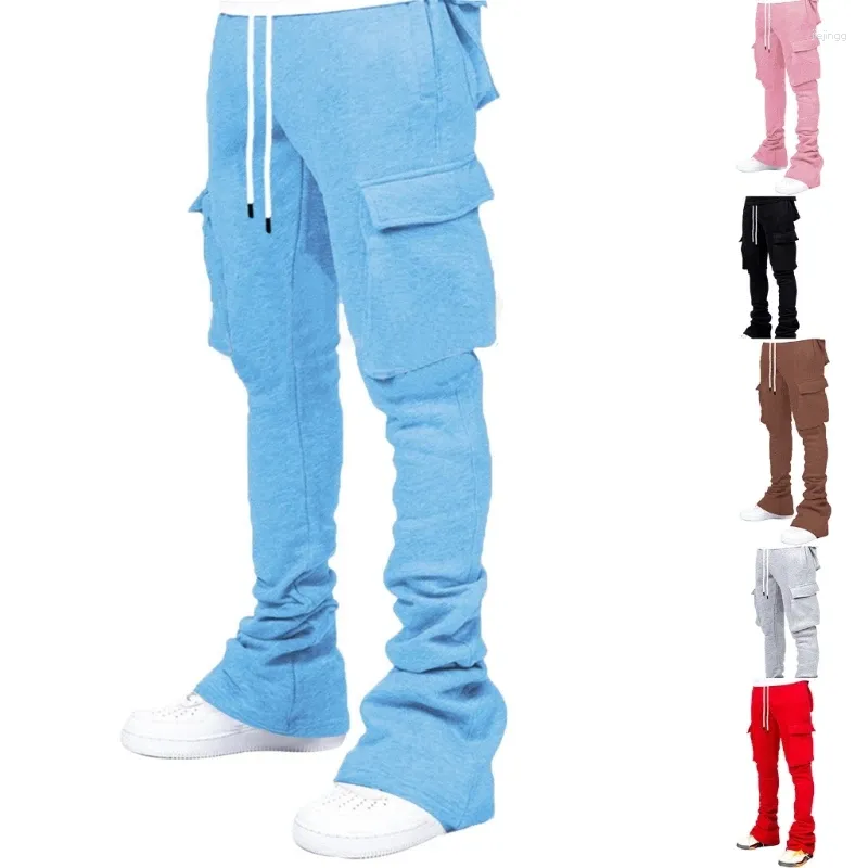 Calça feminina masculina cintura de cordão Jogger colorido sólido pilha de carga empilhada treino de carga correndo calça de moletom com bolsos múltiplos