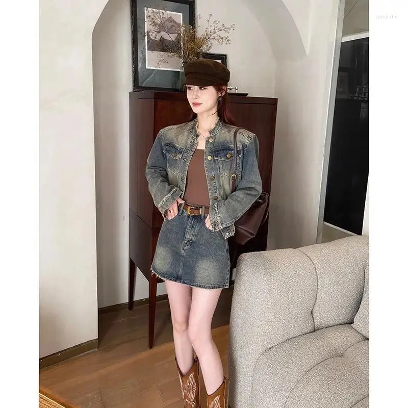 Work Dresses Women Two-piece Set Retro Distressed Denim Jacket Skirt Hip Suit Fashionable Temperament High-end Girly Style