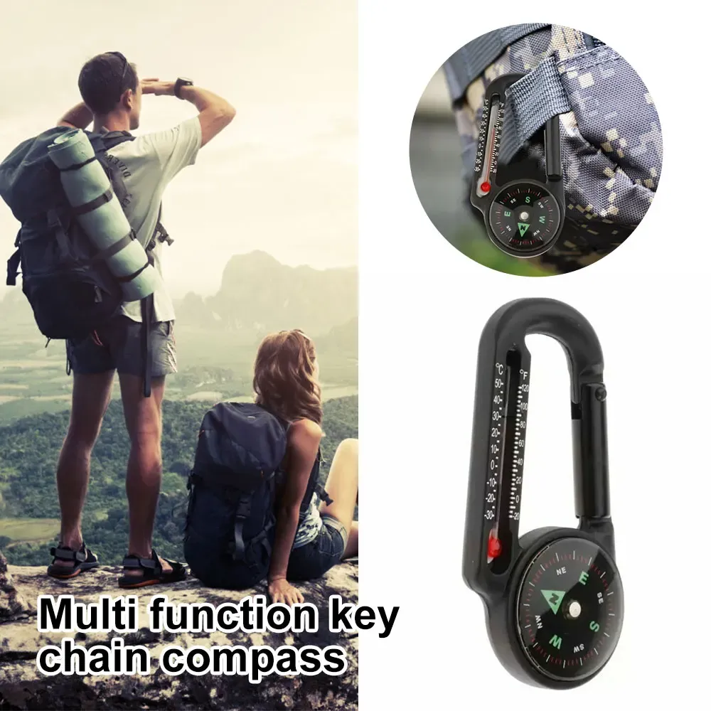 Compass ao ar livre montanhismo buckle bússola ponteiro mini chaveiro termômetro de bússola key gancho ferramentas de acampamento bússola carabiners