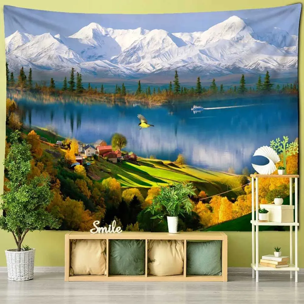 Tapisserier Astetisk rumsdekor Tapestry Snow Mountain Forest Oil Målningsvägg hängande för hem sovrum sovsal bakgrundsdekor filt tapiz