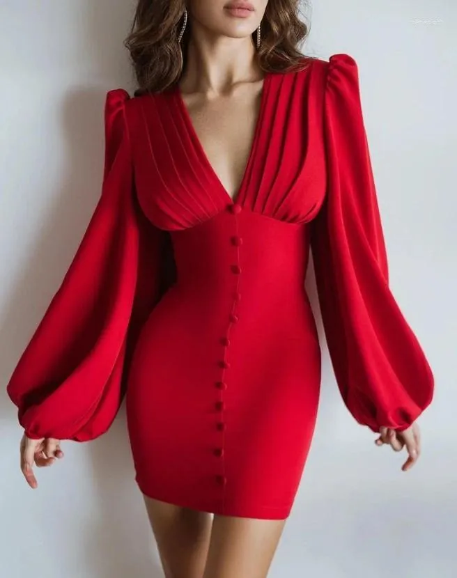 Casual Dresses Fashion 2024 Fall For Women Elegant Luxury Plunge Ruched Button Decor Lantern Sleeve Party Night Bodycon Mini Dress