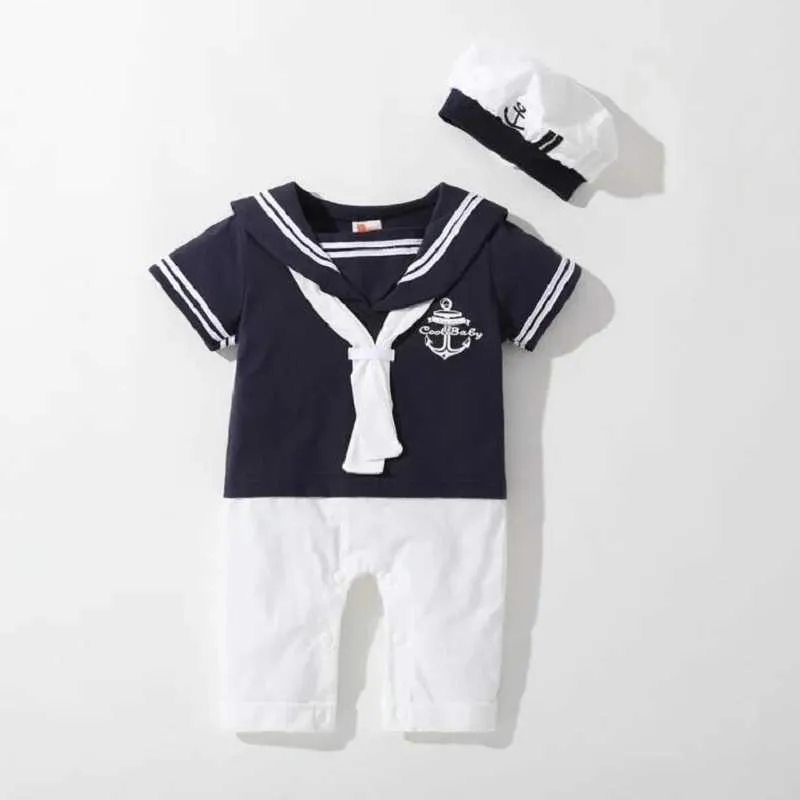 Rompers Baby Navy Jumpsuit Summer Pasgeboren Kinderen Jongens Girls Sailor Jumpsuit Hat 2pcs Body Korte Mouwen Anchor Print Setl24F