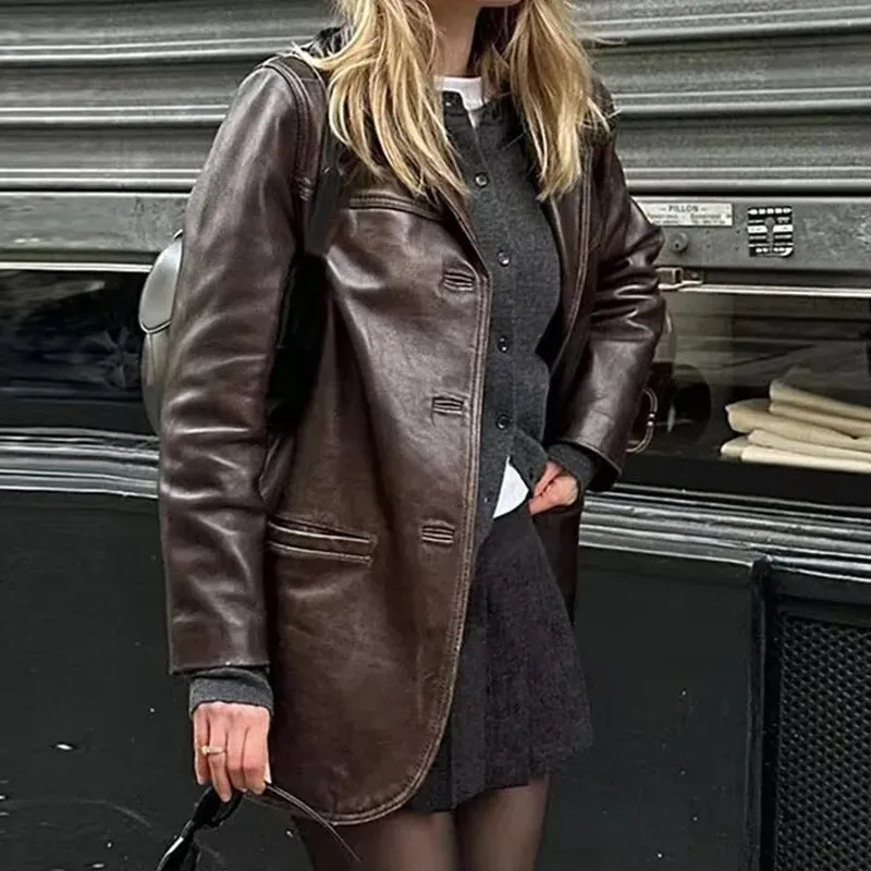 MODSGUE Veste Rétro Femme En Imitation Daim Marron - Blazer Oversize Y2K Élégant - Manteau D'Automne/Hiver Doux Et Confortable