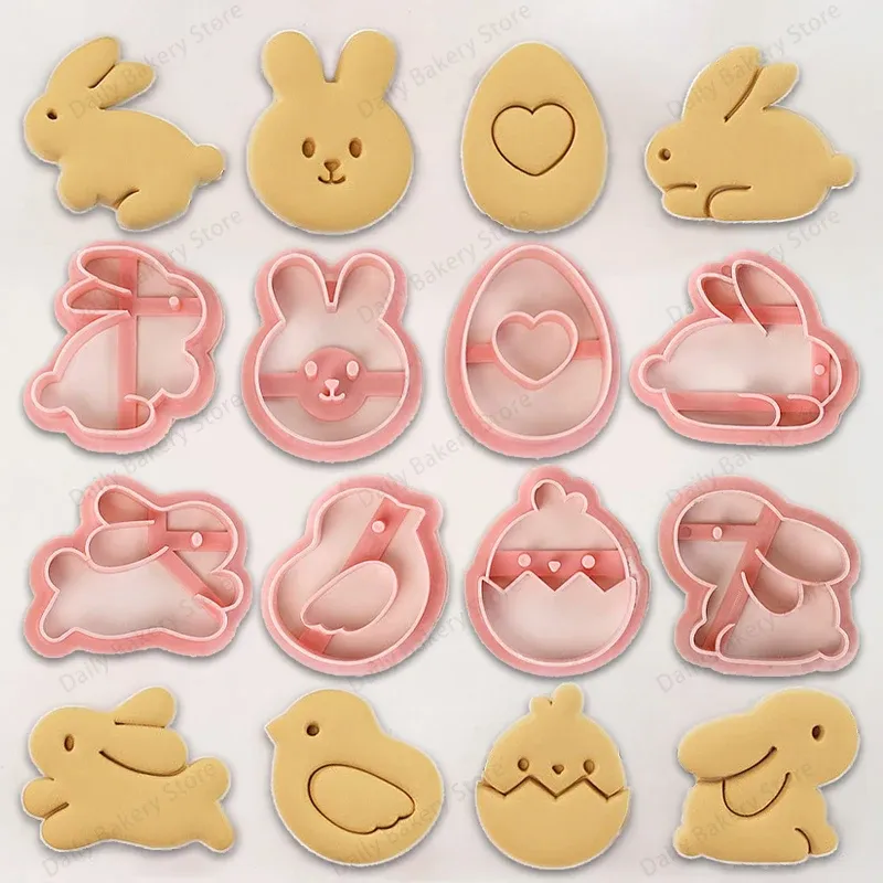 Formar 8st Cartoon Easter Bunny Cookie Mögel Söt kanin Chick Eggs Animal Pattern Biscuit Cutter Cake Decorating Tools Baking Forms