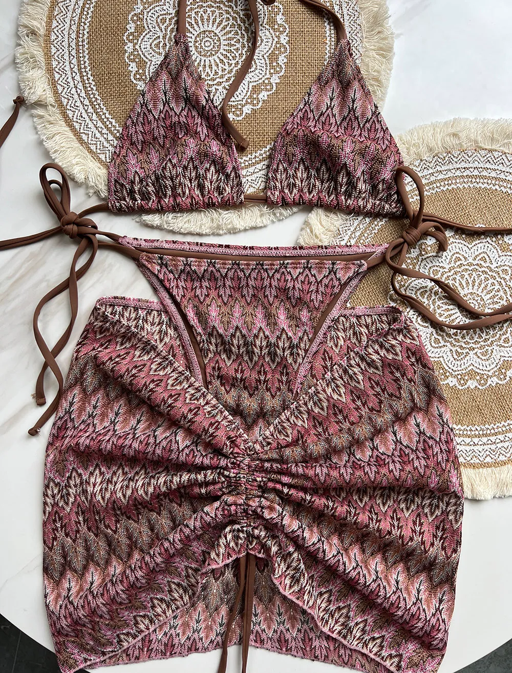 París Classics Crochet 3 piezas Bikini Set 2024 Falda de lujo Diseñador de trajes de baño a rayas Swimsuits Sexy Beachwear de la playa Suites de baño Trikini XL
