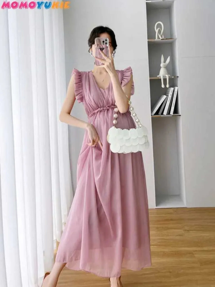 Robes de maternité Robe de fête d'été femme enceinte fée pétale haute taille en V en V Sans mannequin princesse Q240427