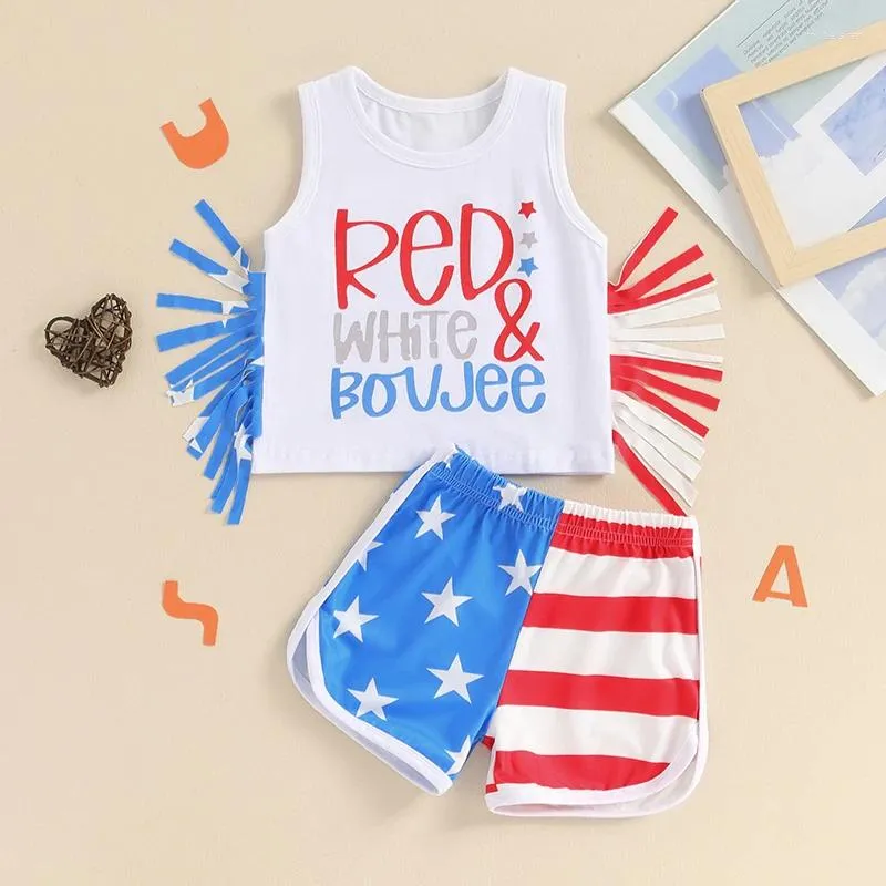 Kleidungsstücke Little Boy Kleidung 4. Juli Outfit Brief Druck Quasten Tanktops mit Sternenstreifen -Shorts für Sommerkinder