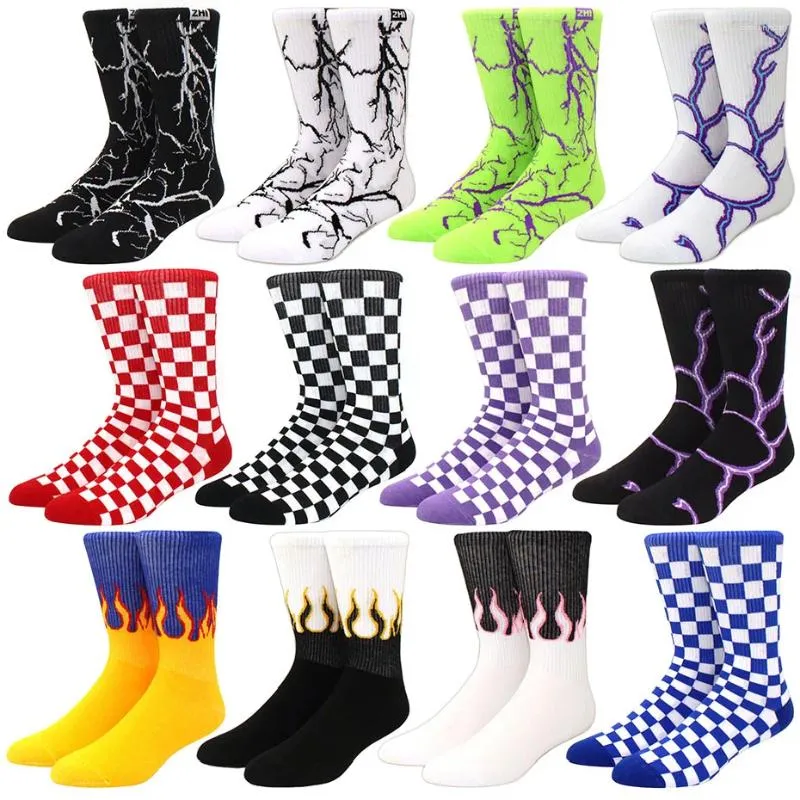 Men's Socks Fashion Checkerboard Men Street Sports Print Skateboard Hip Hop Middle Tube Flame Women