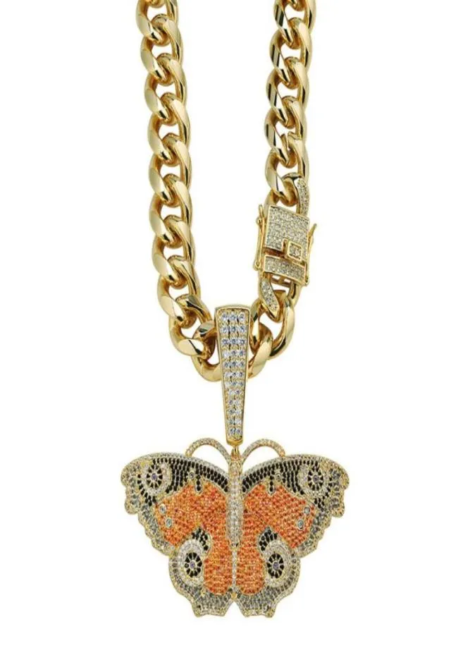 Colar de grife moda 18in 12 mm Chain 18K Gold Copper Butterfly Colar Pingente Pingente Bling Zircon Hip Hop Colar1300198