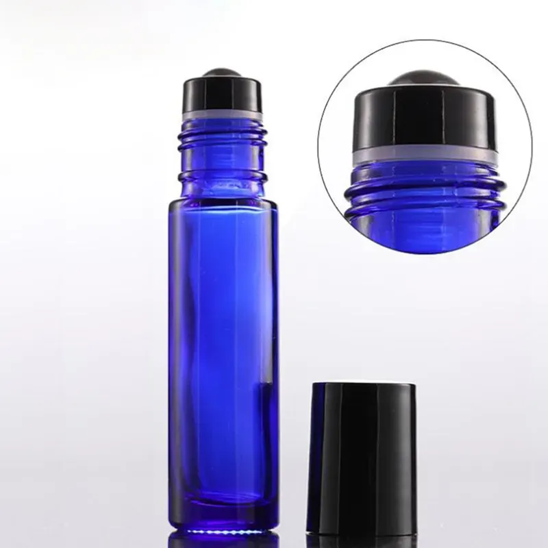 Wholesale Thick 10ml Glass Roll on Bottles Amber Blue Clear Empty roller ball perfume bottles With Black Lids Free Shipping 1000pcs/lot LL