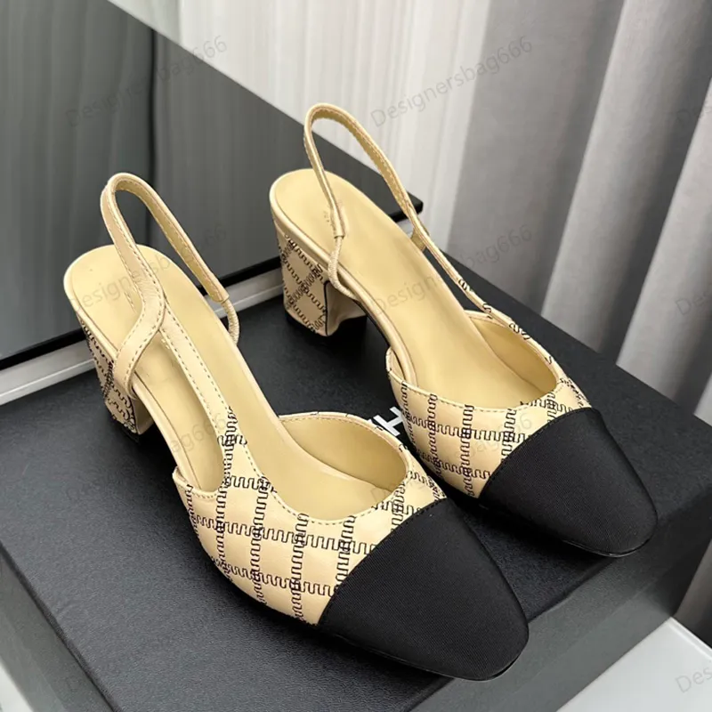 مصمم كلاسيكي Slingbacks Sandal chunky Heel Womens Dress Shoes أحذية ثنائية اللون الربط الصنادل مربع الصندل على البغال على شريحة الطباعة الرجعية الرائعة في الهواء الطلق الترفيهي في الهواء الطلق