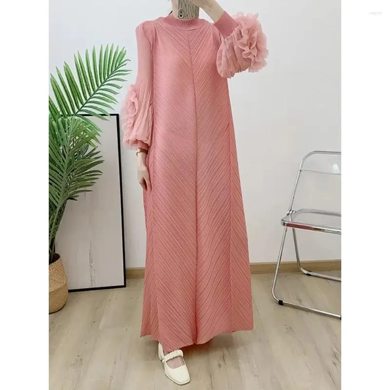 Casual Dresses Fashion Temperament Miyake Pleated Dress Round Neck Splicing Wooden Ear Edge Long-sleeved 2024 Long Robe Fall Clothing