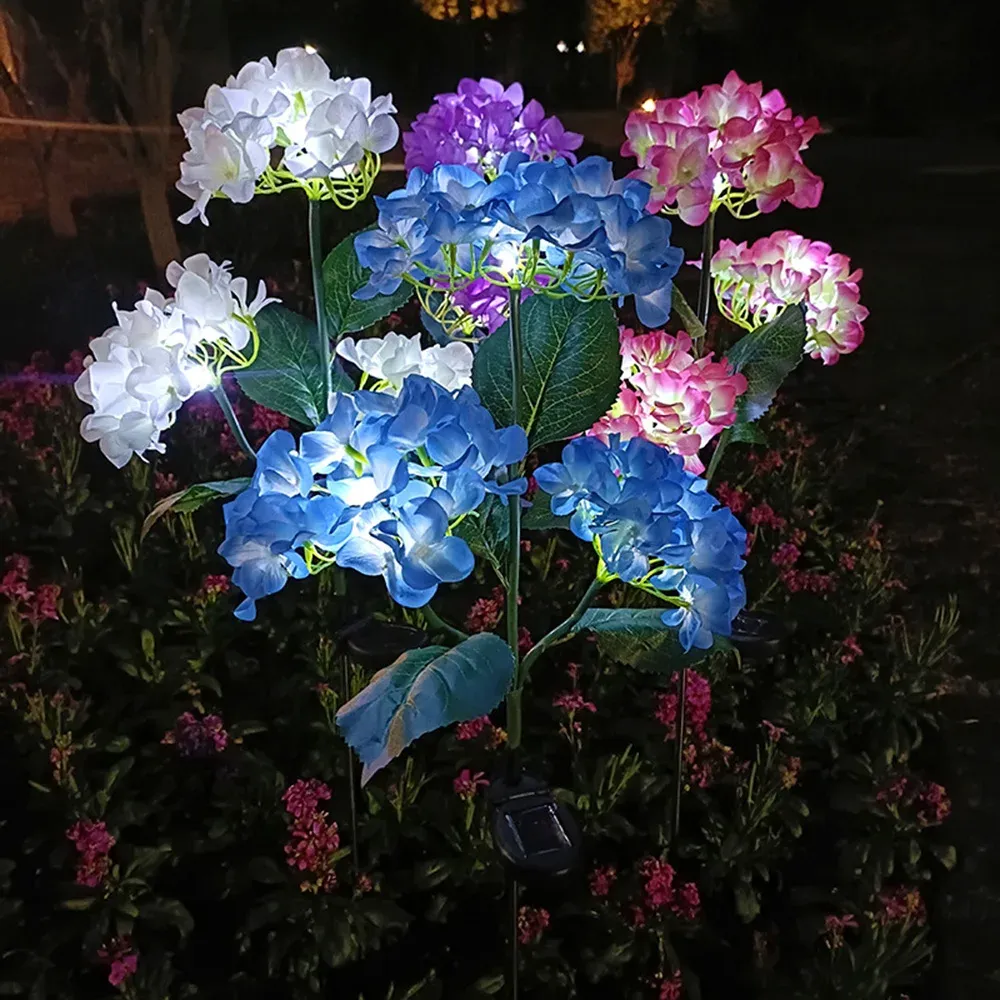 Decorations 3Head Hydrangea Rose Flower Solar Led Light Outdoor Garden Lawn Lamps For Garden Vegetable Patch Patio Country House Decoration