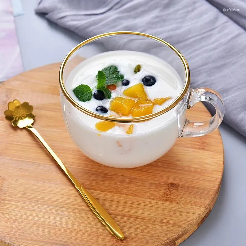 Tazze creative colazione in vetro in vetro da tè latte da tè tazze trasparenti oro piatto pesante con tazza di tazza con manico a cucchiaio mescolante bevande