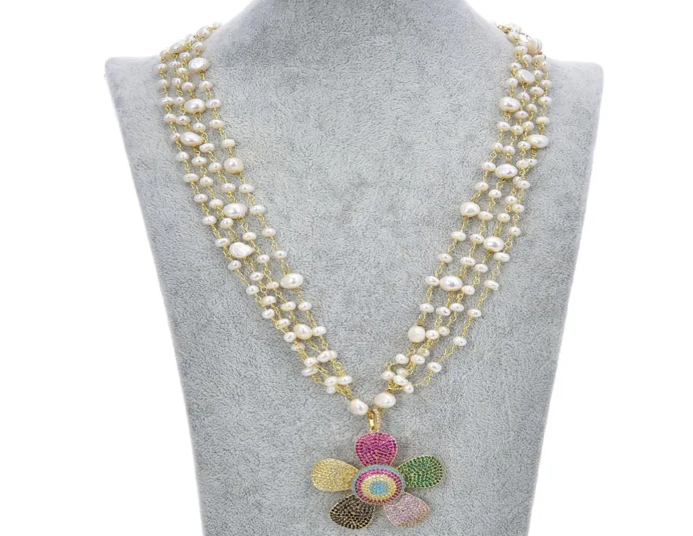 Guaiguai smycken 4 strängar vit pärlhalsband cz pave blommor hänge för kvinnor real ädelstenar sten dam mode juvelery2524174