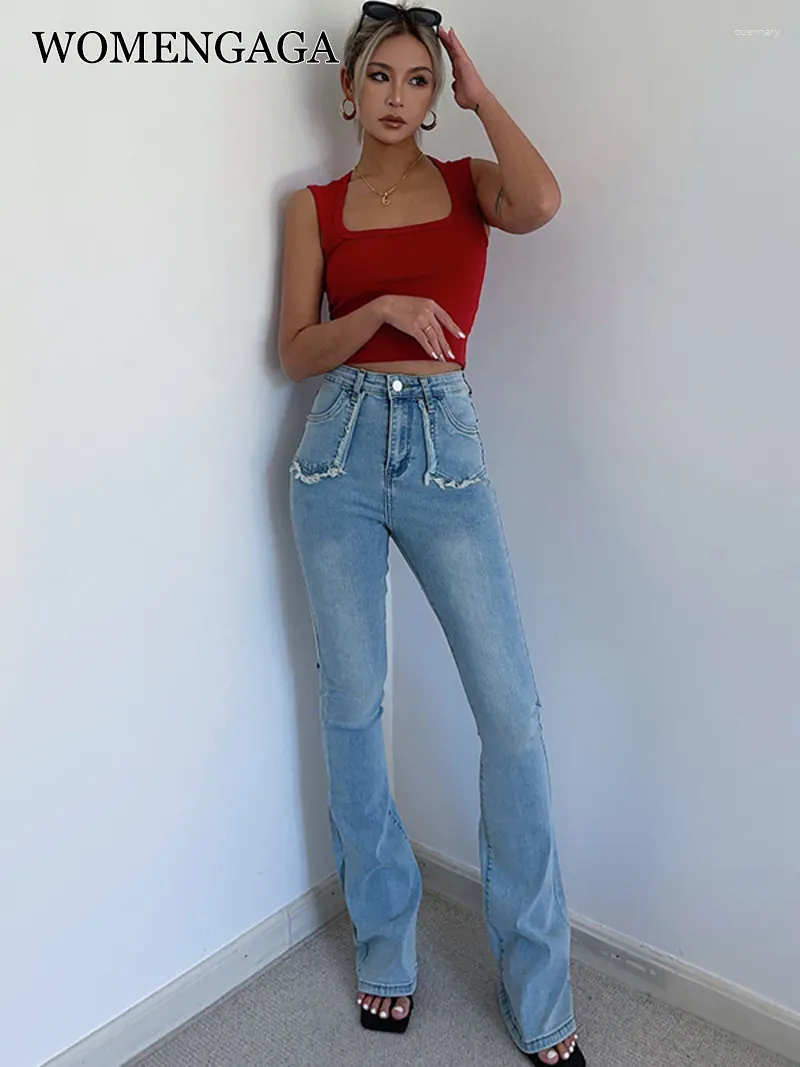 Women's Jeans WOMENGAGA American Front Pocket Denim Flared Pants For Women High Waist Slim Fashion Street Trousers Korean G8CI