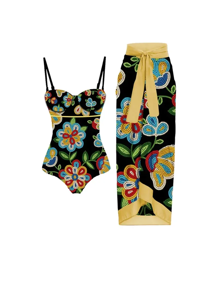 Set vintage Black and Yellow Patchwork Bikini Set Swimsuit Skirt Women Sexy Slim One Piece PushUp Swimwear Beach Bareding Abita